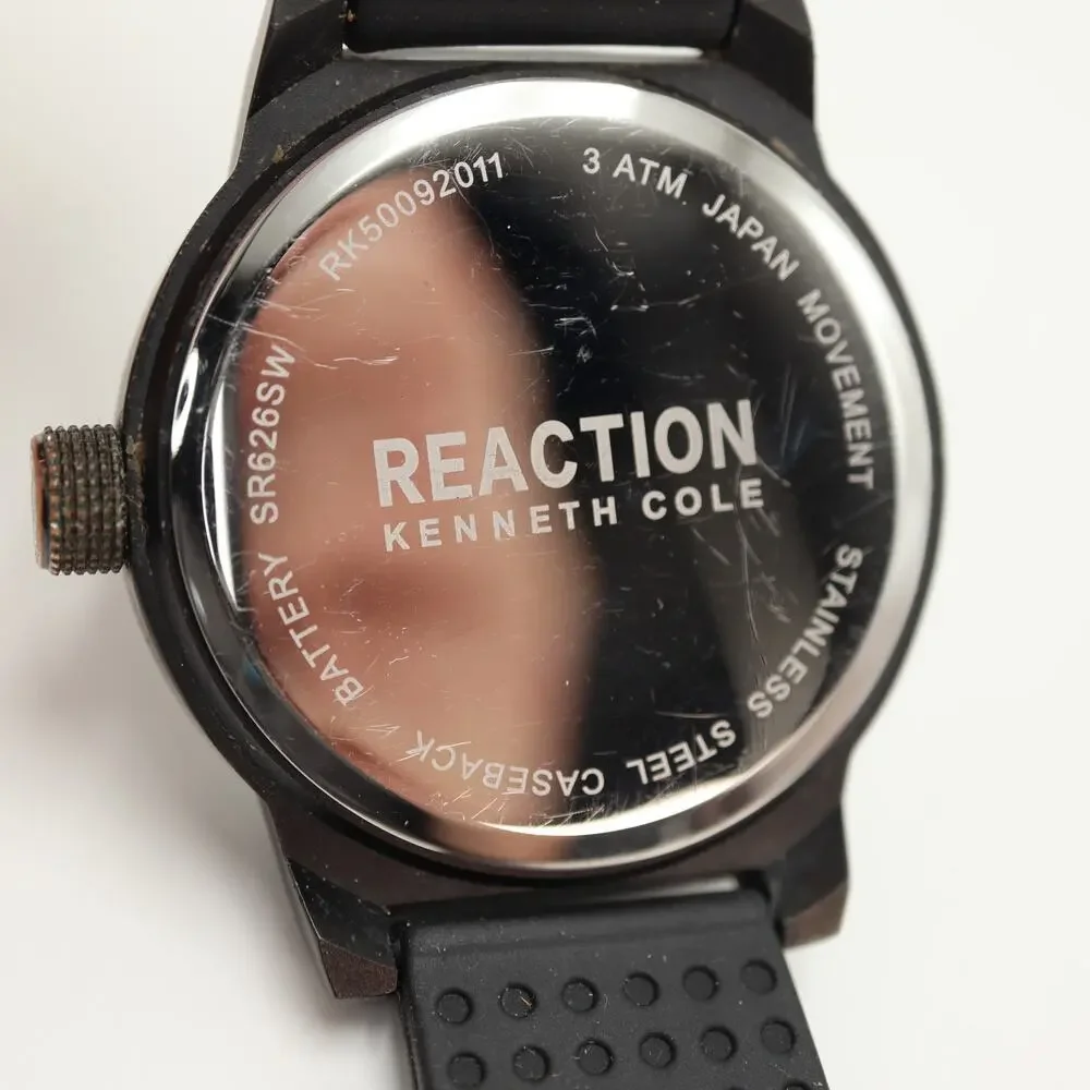 Kenneth Cole Reaction Mens Black Gold Tone Dress Watch 48mm w New Battery